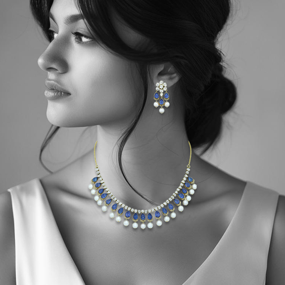 Tanzanite Necklace Set with Polki Diamonds and Pearl Drops